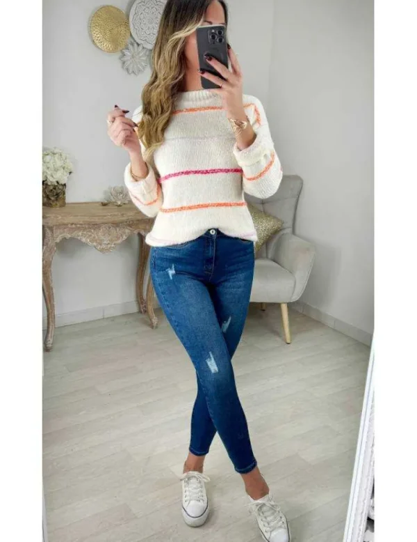 My Look Féminin Pull en maille blanc rayé pastel New