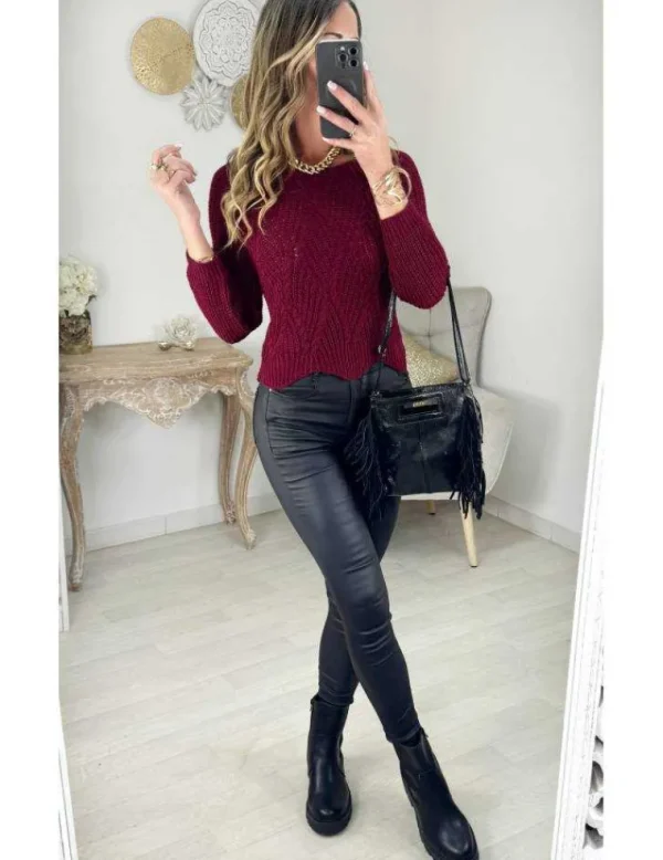 My Look Féminin Pull en maille court bordeaux Clearance
