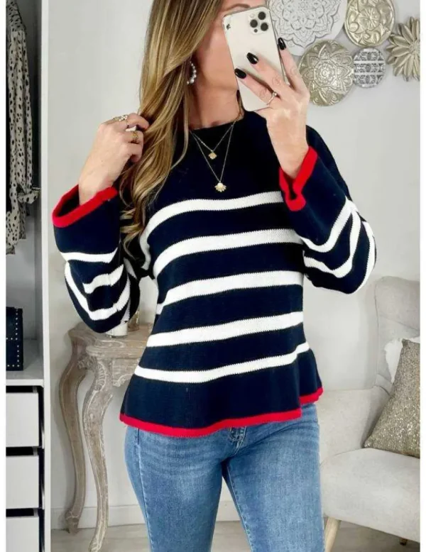 My Look Féminin Pull en maille marin loose "blue & red" Outlet