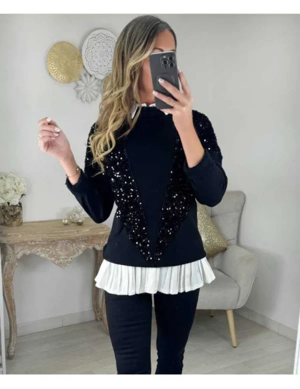 My Look Féminin Pull en maille noir et sequins Best
