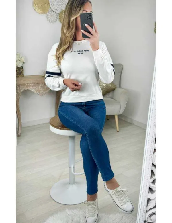 My Look Féminin Pull léger blanc "new york" Outlet
