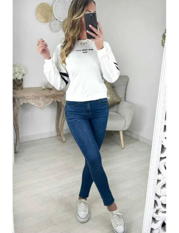 My Look Féminin Pull léger blanc "new york" Outlet