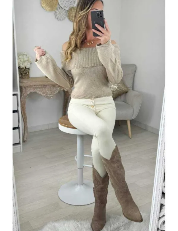 My Look Féminin Pull taupe col bateau New