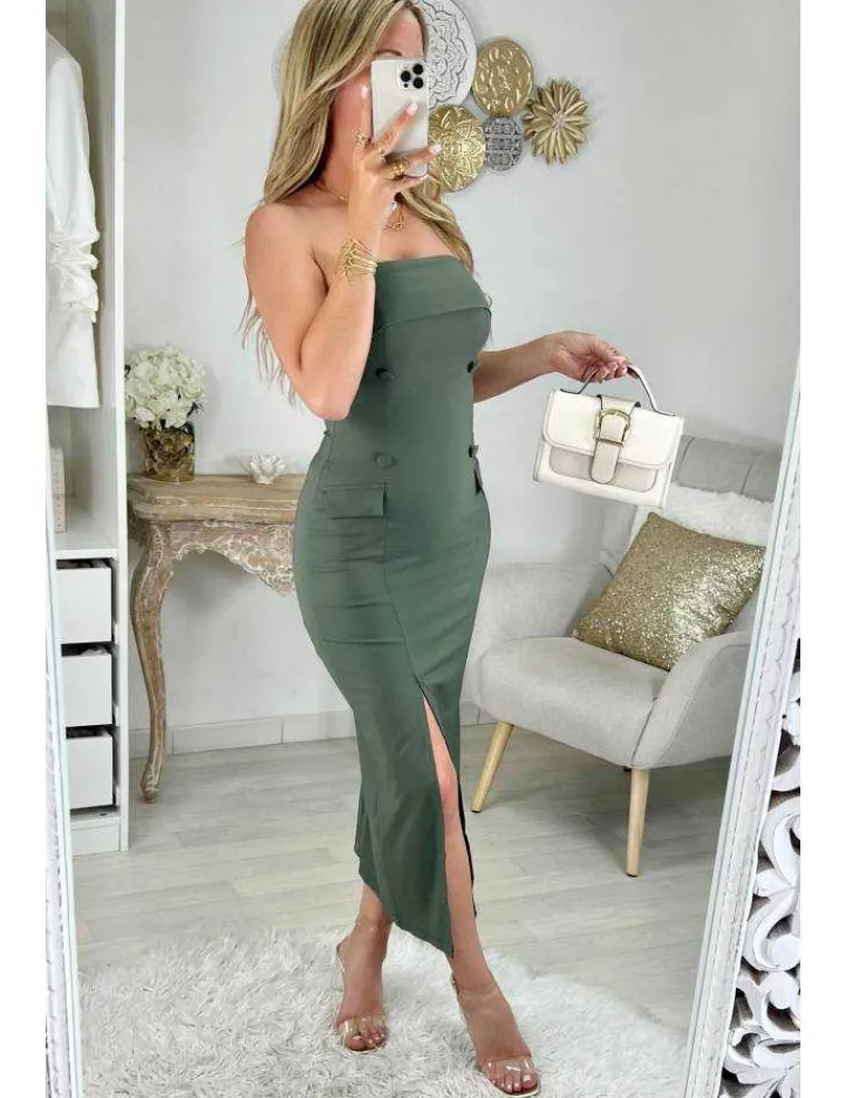 robe_bustier_kaki_fendue_2.webp My Look Féminin robe bustier kaki fendue Sale