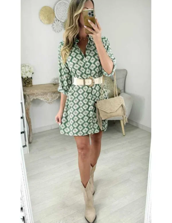 My Look Féminin Robe chemisier verte motifs beige New