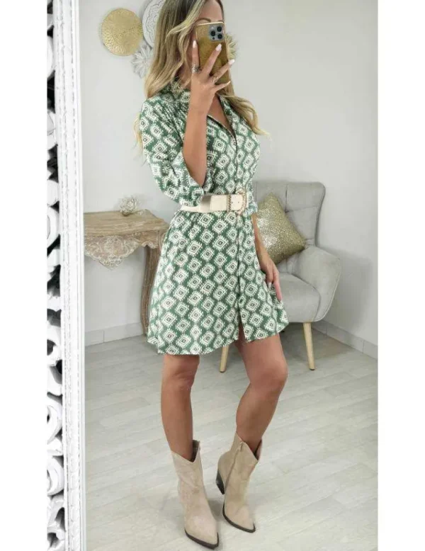 My Look Féminin Robe chemisier verte motifs beige New