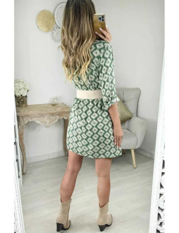 My Look Féminin Robe chemisier verte motifs beige New