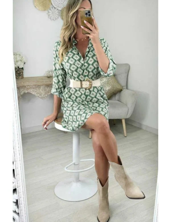 My Look Féminin Robe chemisier verte motifs beige New