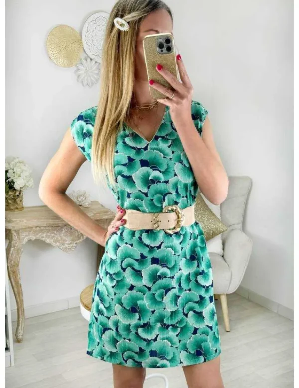 My Look Féminin Robe droit à motifs bleus & verts Discount