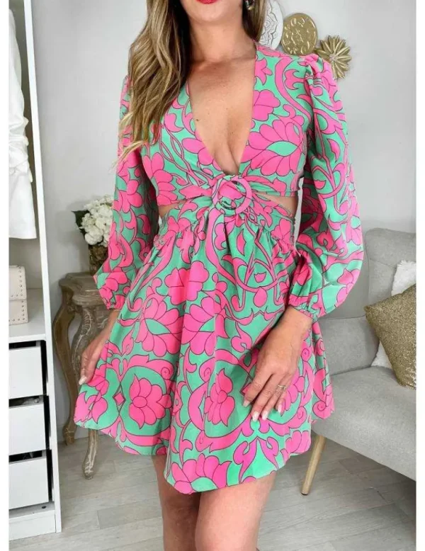My Look Féminin Robe droite Femme cut out motif rose et vert, tendance et chic Sale