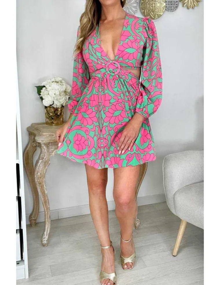 robe_droite__femme_cut_ou_1.webp My Look Féminin Robe droite Femme cut out motif rose et vert, tendance et chic Sale