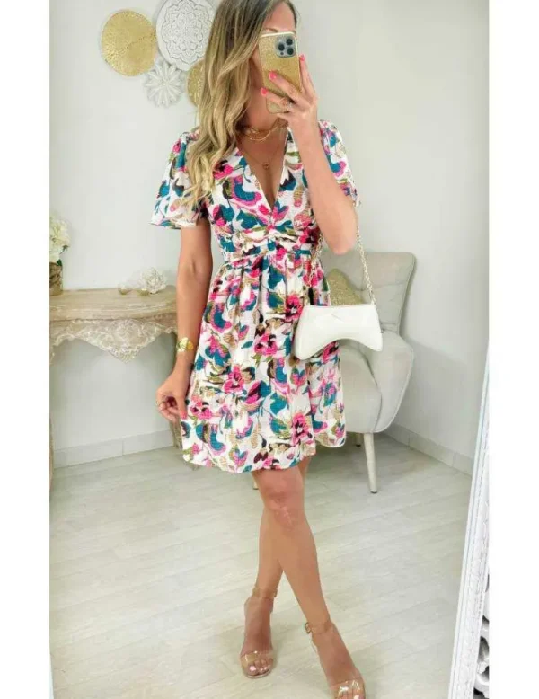 My Look Féminin robe droite motifs rose & bleu canard Sale