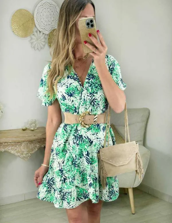 My Look Féminin robe effet portefeuille motifs verts et bleus Best