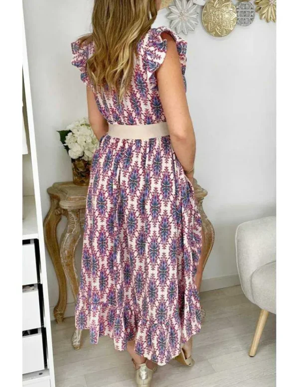 My Look Féminin robe longue asymétrique motif bleu & fuchsia New
