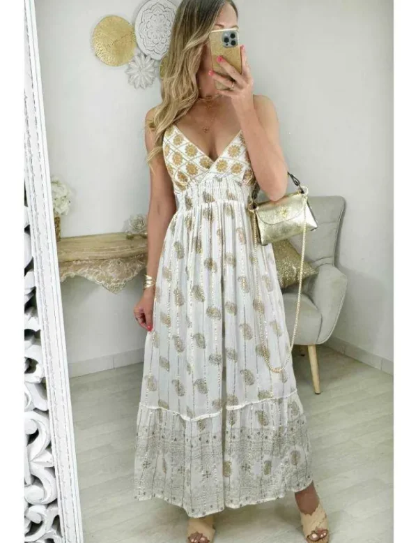 My Look Féminin robe longue blanc cassé brodée & dorée Sale