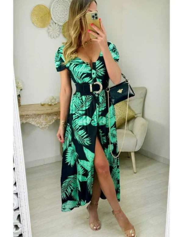 My Look Féminin robe longue boutonnée motifs verts et noirs Clearance