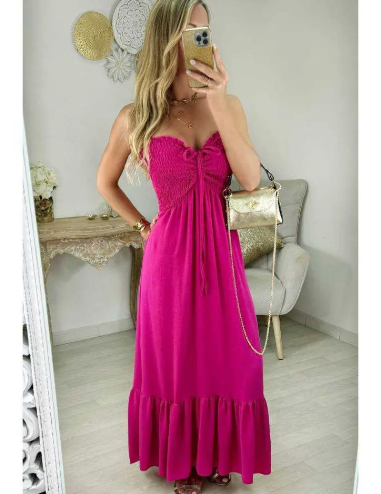 robe_longue_bustier_smock_0.webp My Look Féminin robe longue bustier smocké fuchsia Clearance