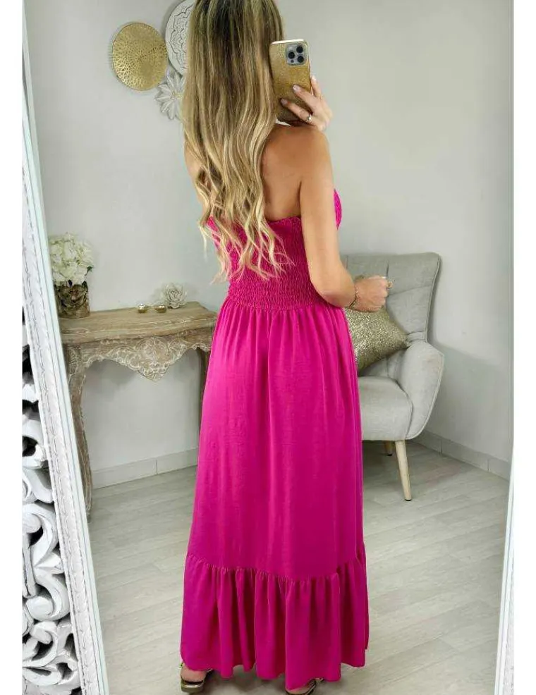 robe_longue_bustier_smock_1.webp My Look Féminin robe longue bustier smocké fuchsia Clearance