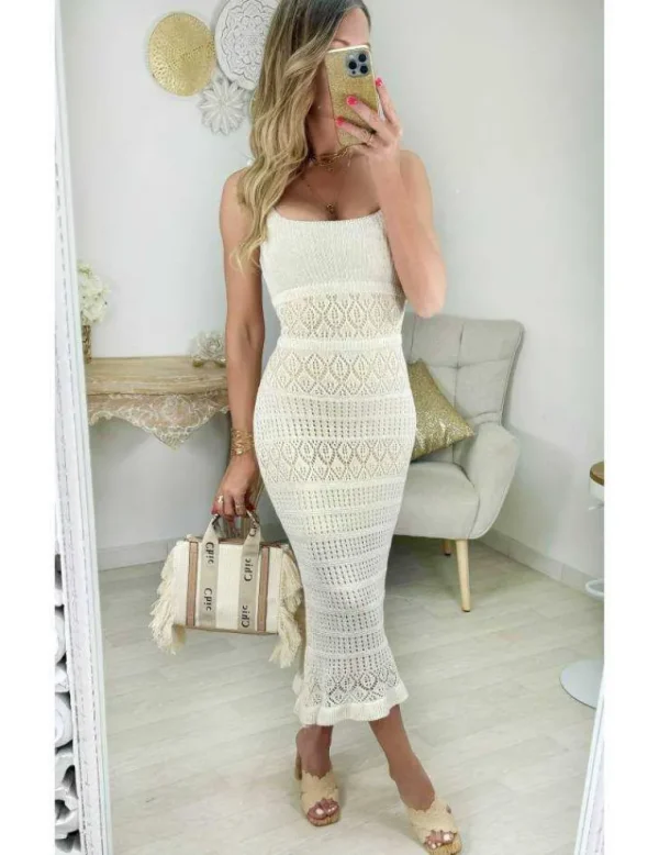 My Look Féminin robe longue en maille brodée beige Hot