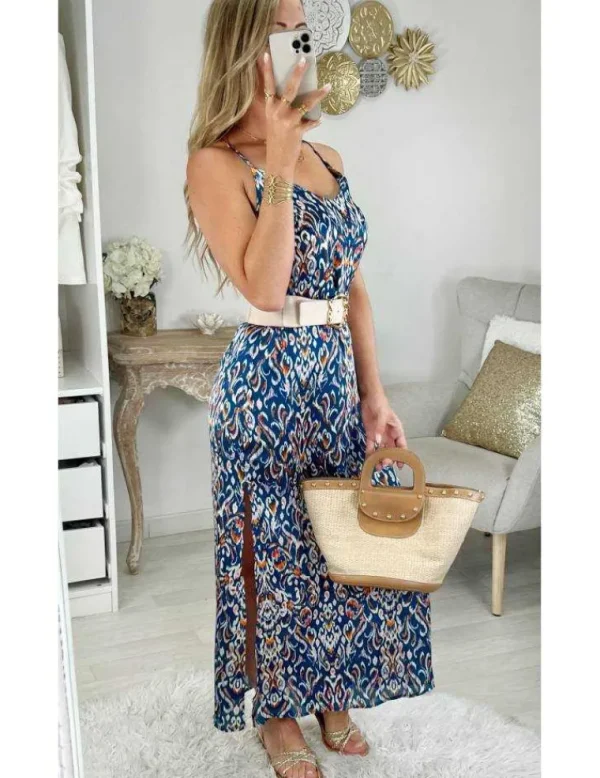 My Look Féminin robe longue fendue motif bleu canard et orange Discount