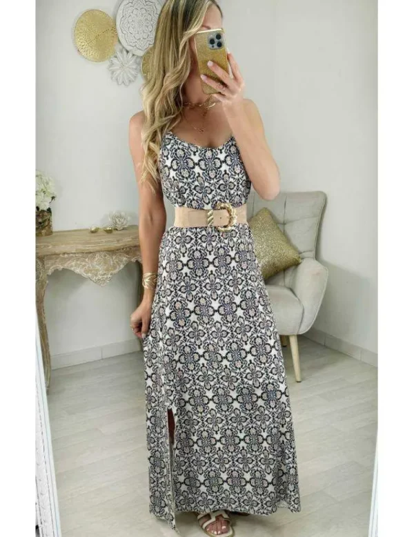 My Look Féminin robe longue fendue motifs noirs & caramel Online