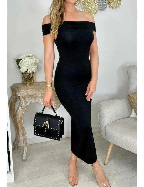 My Look Féminin robe longue noire lycra épaules dénudées Fashion