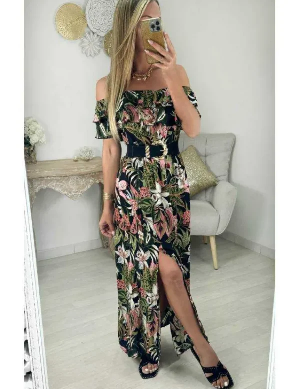 My Look Féminin Robe longue noire motifs jungle Discount
