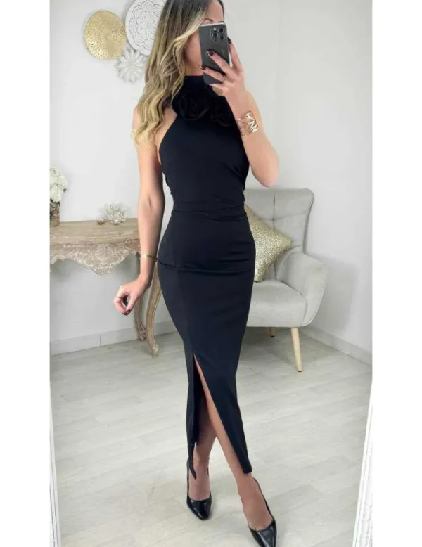My Look Féminin Robe longue noire "Roses" Fashion