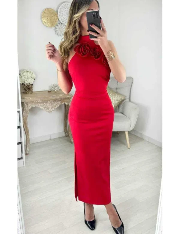 My Look Féminin Robe longue rouge "Roses" Hot