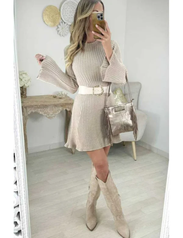 My Look Féminin Robe mi-longue taupe bas évasé Best