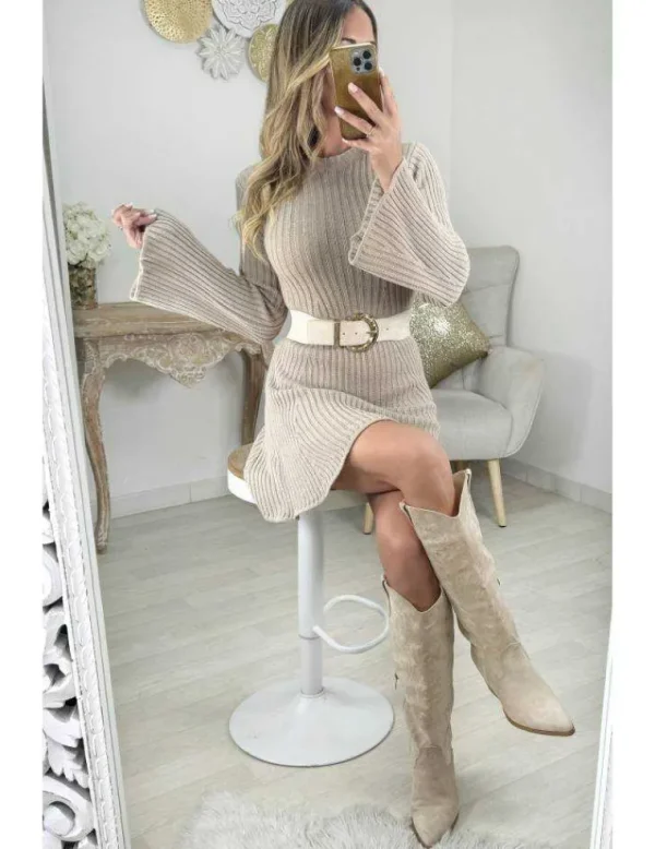 My Look Féminin Robe mi-longue taupe bas évasé Best