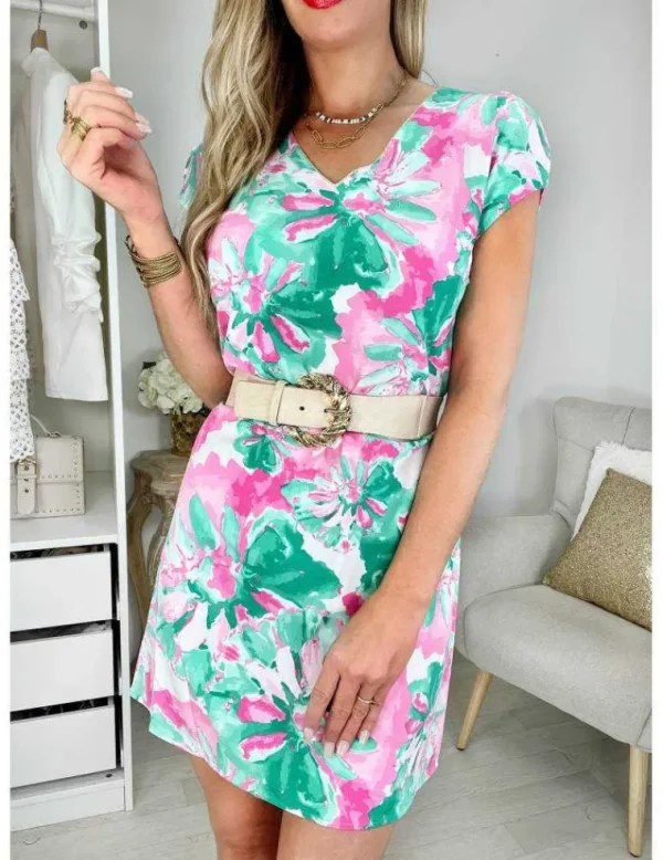 My Look Féminin Robe mode droite pour femme motif fleuri vert et rose Clearance