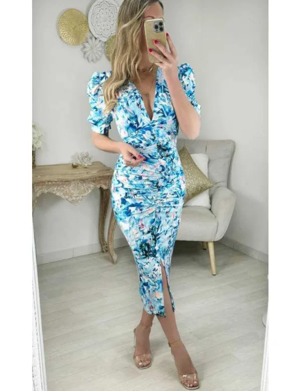 My Look Féminin robe style lycra motifs bleus froncée & fendue Online