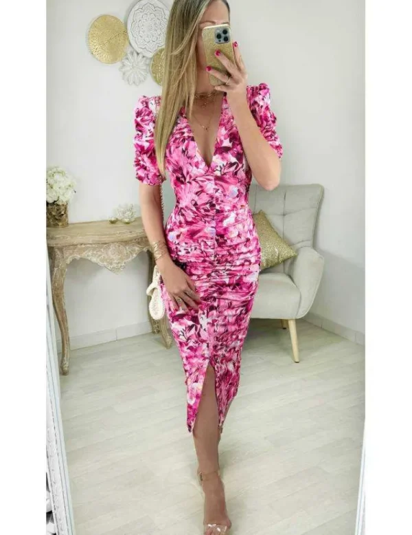 My Look Féminin robe style lycra motifs fuchsia fendue & froncée Hot