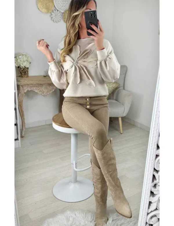 My Look Féminin Sweat beige "fleur texturé" Hot