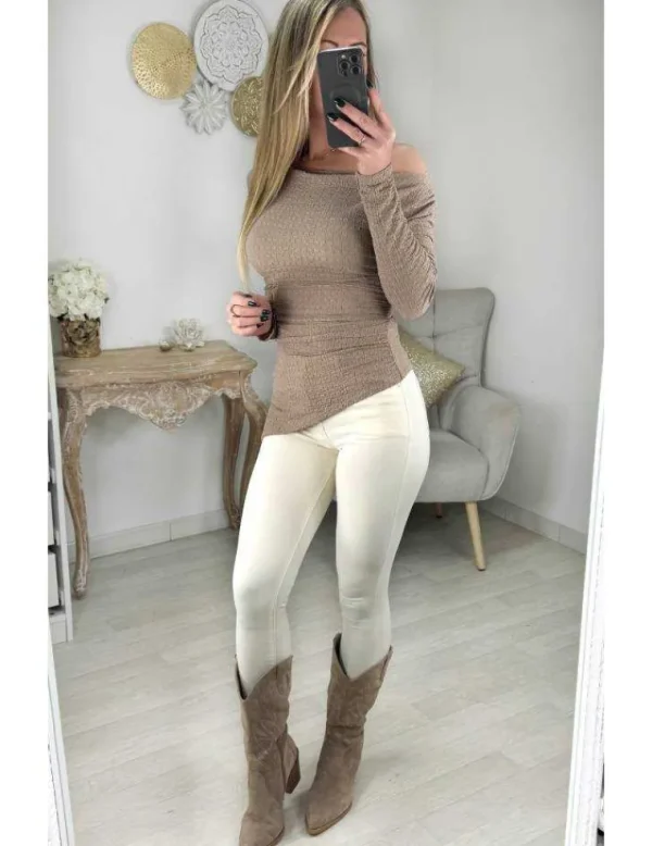 My Look Féminin Top asymétrique taupe style lin Discount