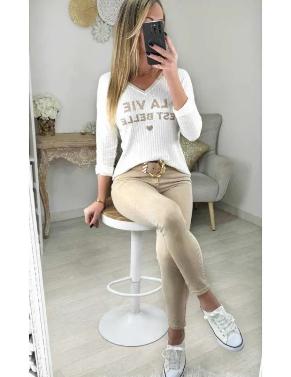 My Look Féminin Top blanc & gold "la vie est belle" Discount
