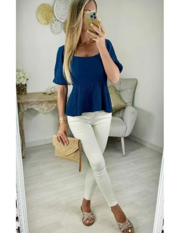 My Look Féminin top gaze de coton bleu marine dos lacé Best