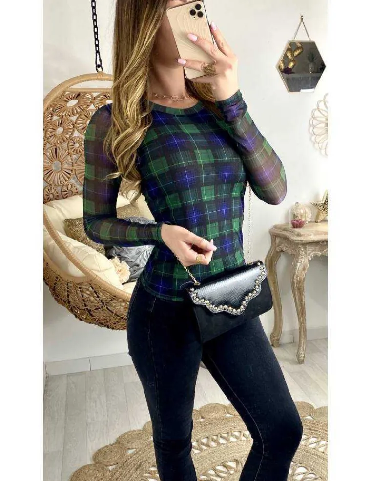 top_vertmarine__carreaux_1.webp My Look Féminin Top vert/marine à carreaux Clearance