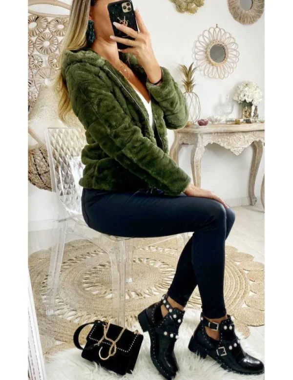 My Look Féminin Veste kaki zippée "style fourrure et capuche" Sale